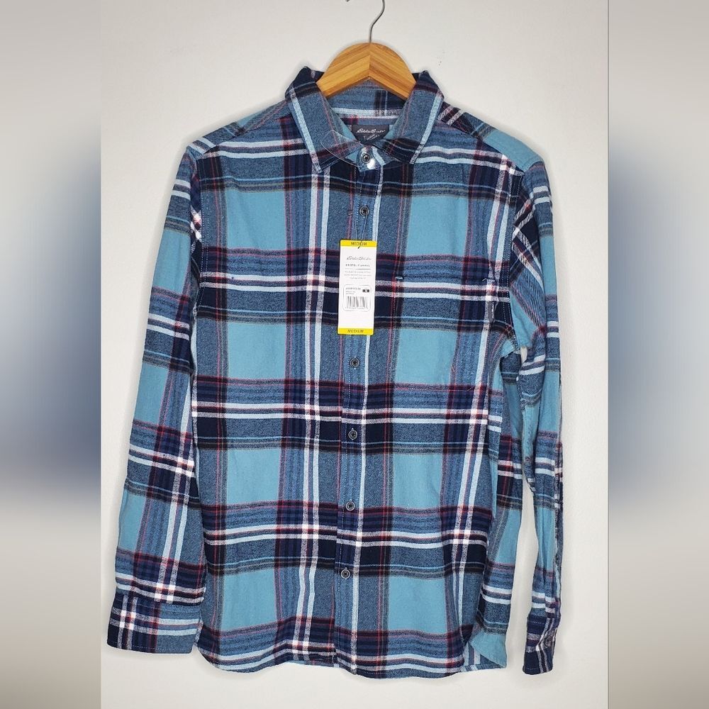 Eddie Bauer Cotton Bristol Blue Plaid Long Sleeve Flannel Size Medium
